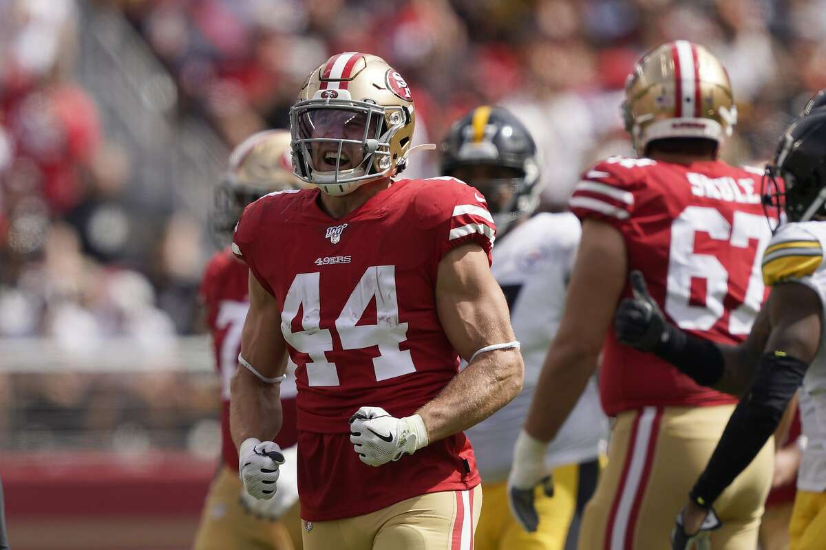 San Francisco 49ers fullback Kyle Juszczyk (44) reacts during the first half of an NFL football game against the Pittsburgh Steelers in Santa Clara, Calif., Sunday, Sept. 22, 2019. (AP Photo/Tony Avelar)