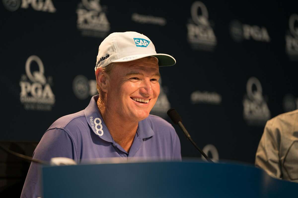 CHARLOTTE, NC - AUGUST 08: Ernie Els speaks during a Press Conference to celebrate his 100th major start at the 99th PGA Championship held at Quail Hollow Club on August 8, 2017 in Charlotte, North Carolina. (Montana Pritchard/PGA of America via Getty Images)