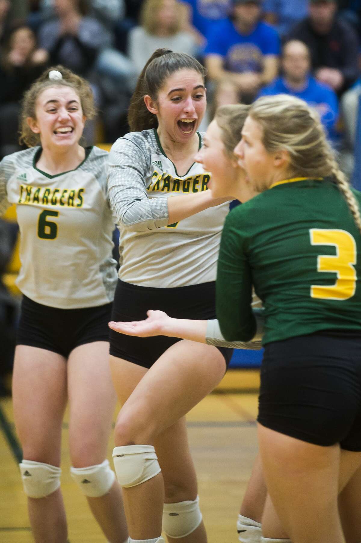 Dow players celebrate a point during the Chargers' district semifinal against Midland Wednesday, Nov. 6, 2019 at Midland High School. (Katy Kildee/kkildee@mdn.net)