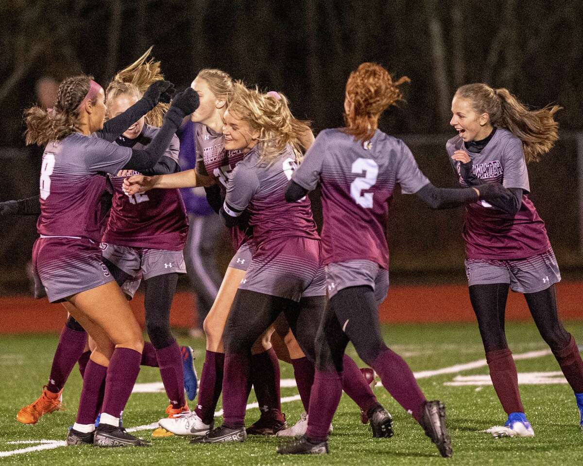 The Stillwater girls soccer team celebrates a goal against Voorheesville during the during the Section II, Class C finals at Mechanicville High School on Wednesday, Nov. 6, 2019 (Jim Franco/Special to the Times Union.)