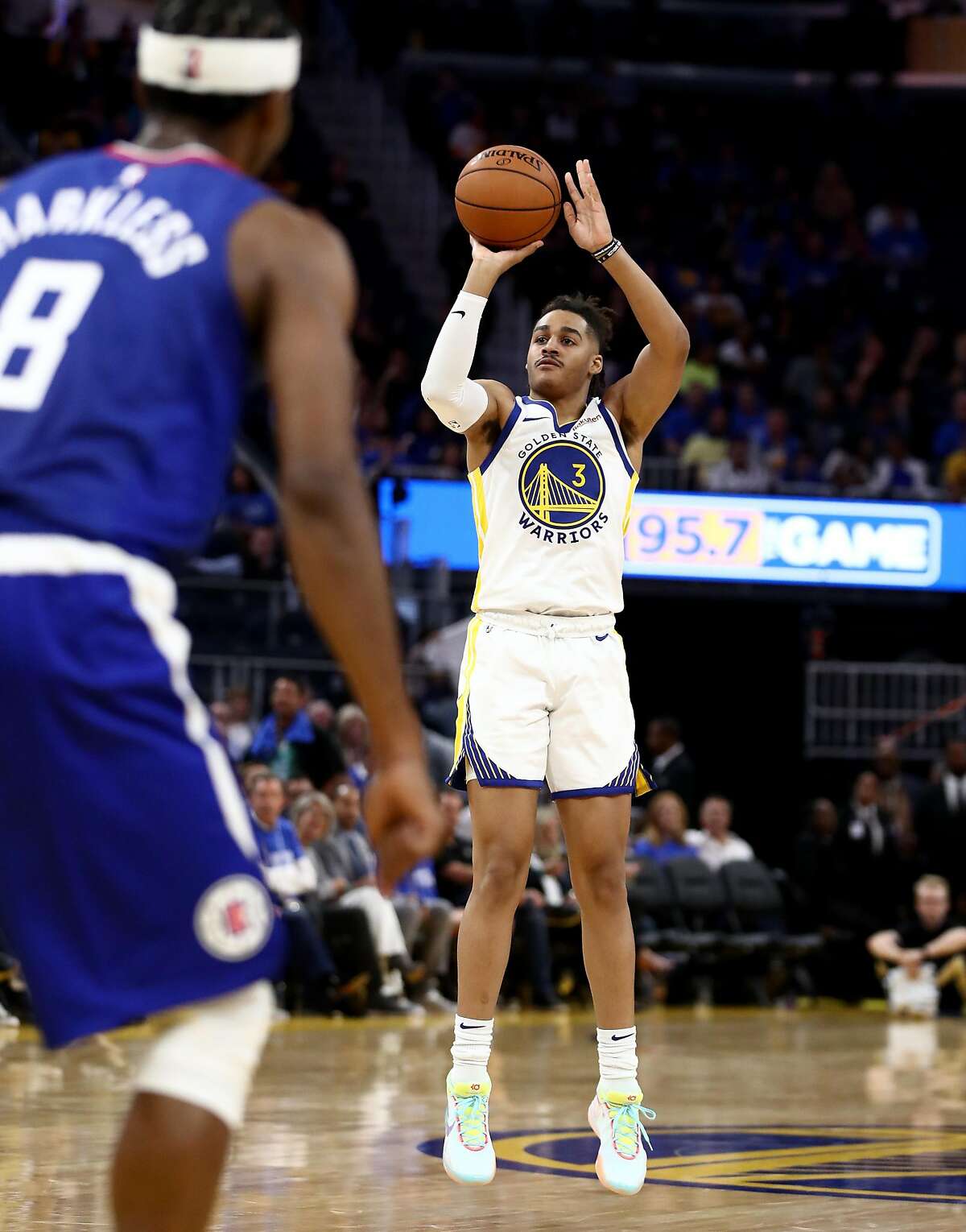 SAN FRANCISCO, CALIFORNIA - OCTOBER 24: Jordan Poole #3 of the Golden State Warriors in action against the LA Clippers at Chase Center on October 24, 2019 in San Francisco, California. NOTE TO USER: User expressly acknowledges and agrees that, by downl