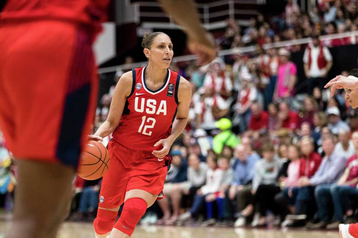 Team USA guard Diana Taurasi (12) dribbles against Stanford in the second quarter of an exhibition women's basketball game, Saturday, Nov. 2, 2019, in Stanford, Calif. (AP Photo/John Hefti)