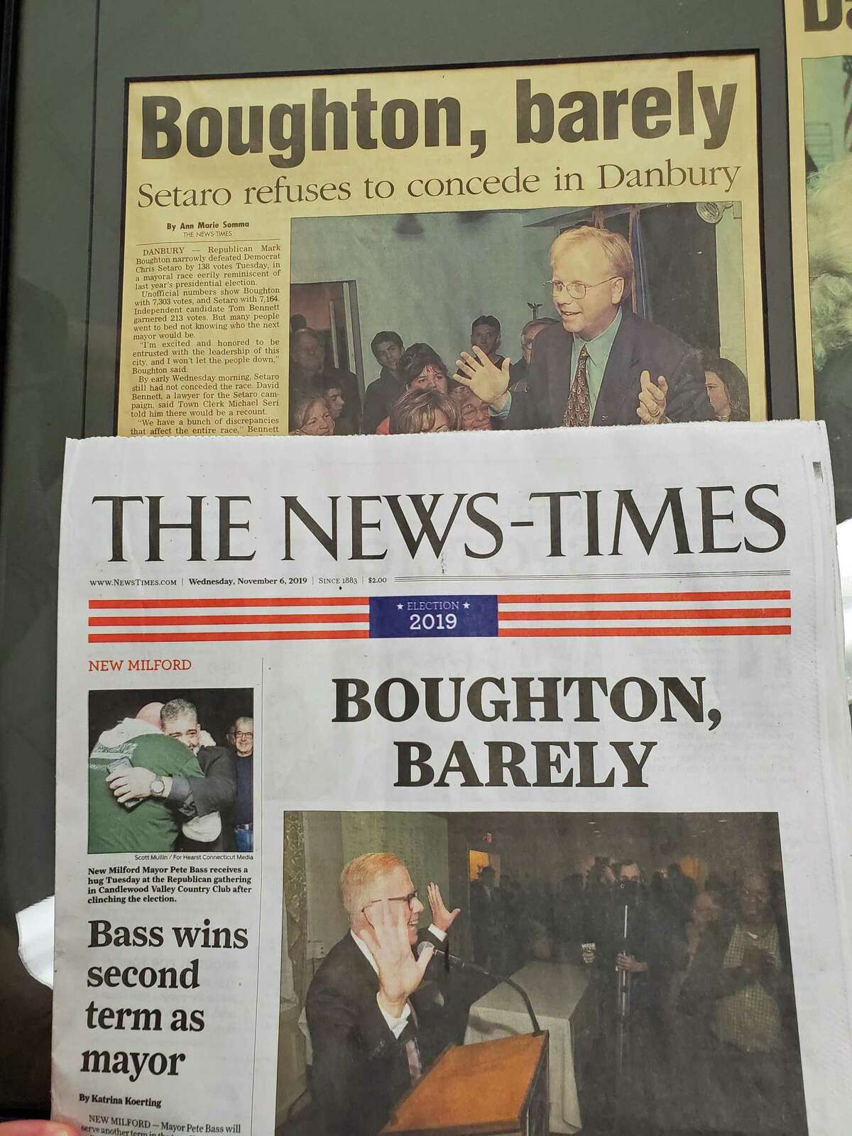 The headline in Tuesday’s newspaper was identical to the headline in 2001, when Boughton won his first term against Chris Setaro, who challenged him again this year. The win this time was by more than 1,300 votes.