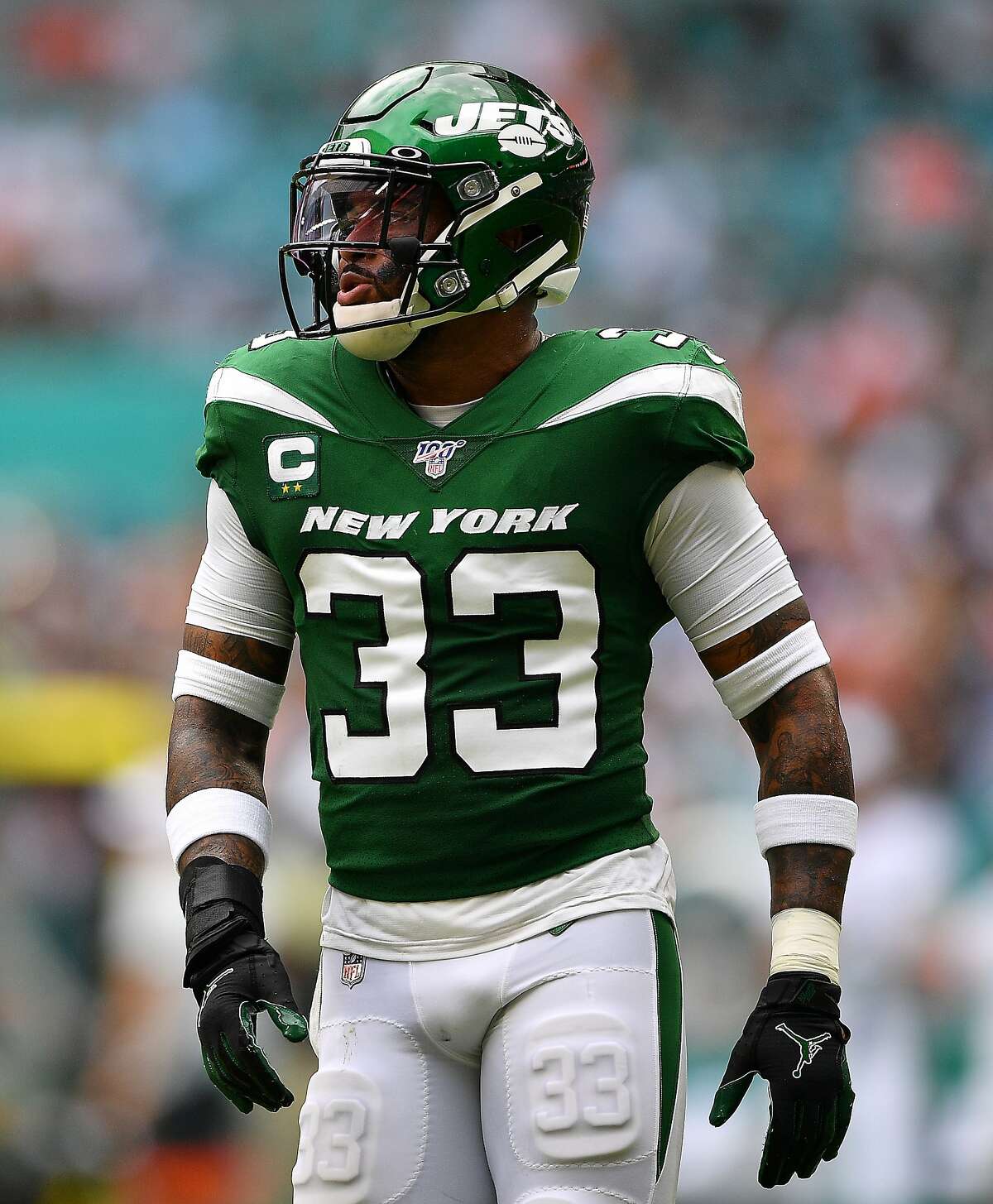 MIAMI, FLORIDA - NOVEMBER 03: Jamal Adams #33 of the New York Jets looks on during the gam against the Miami Dolphins in the first quarter at Hard Rock Stadium on November 03, 2019 in Miami, Florida. (Photo by Mark Brown/Getty Images)