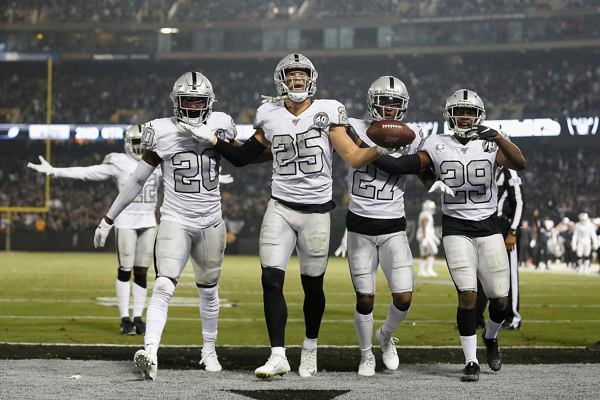 Oakland Raiders defensive end Clelin Ferrell (96) reacts after