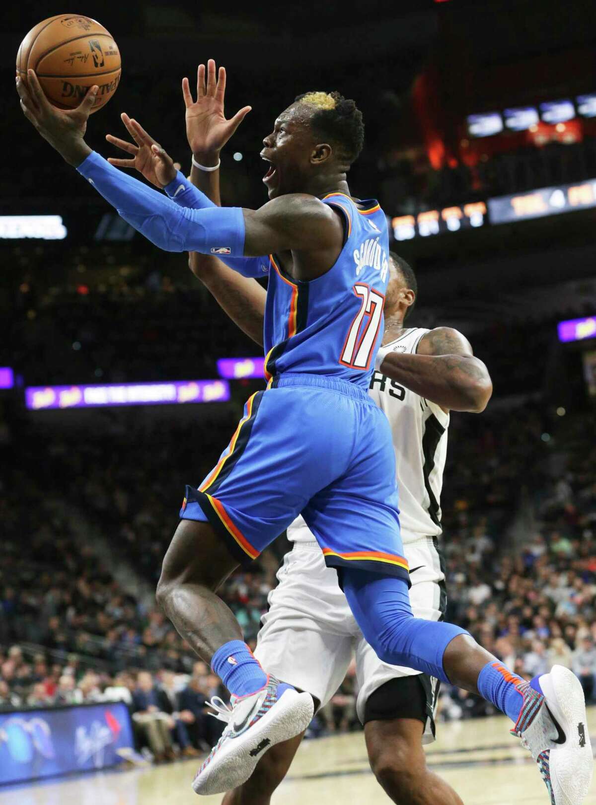 Dennis Schroder drives to the hoop for OKC as the Spurs hosts the Thunder at the AT&T Center on Nov. 7, 2019.