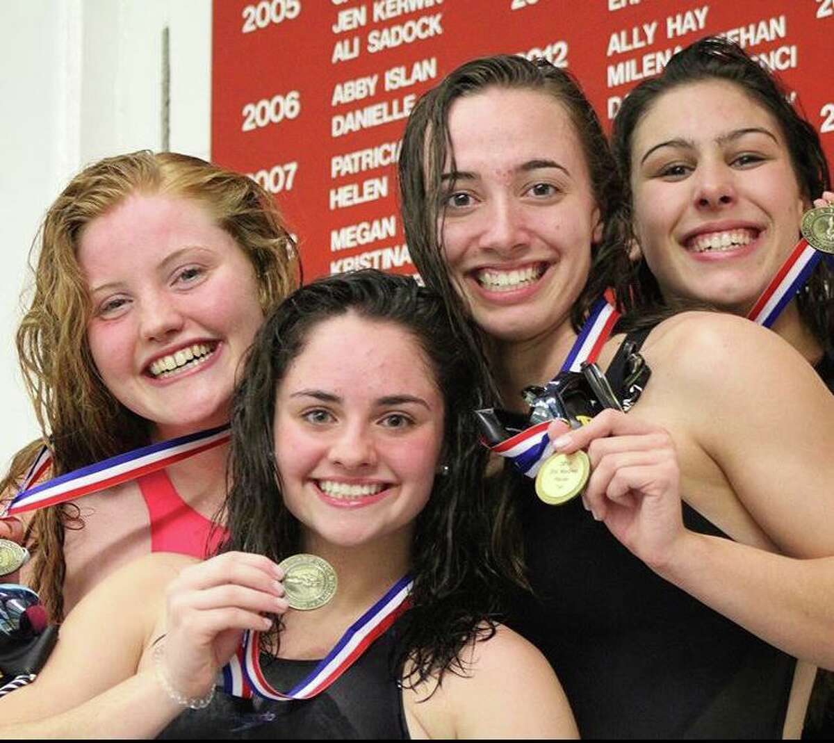 Trumbull’s foursome of senior Mia Zajac, sophomore Lauren Walsh, senior Ashleigh Piro and senior Julia Nevins combined for a winning time of 1:46.86 in the 200-yard medley relay at the FCIAC Championships. Walsh was the Most Outstanding Swimmer.