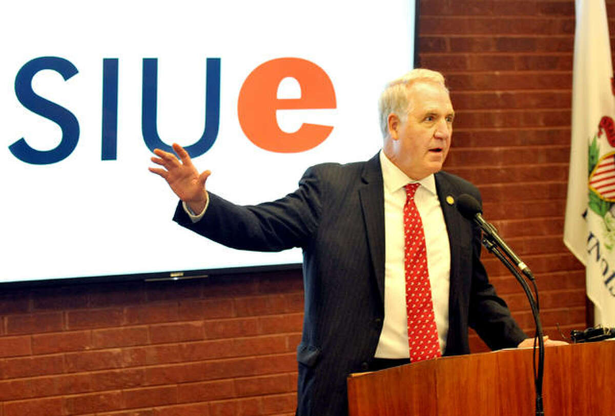U.S. Congressman John Shimkus speaks at Southern Illinois University Edwardsville Friday were he made the announcement that he will be donating his official papers to the SIUE Library.