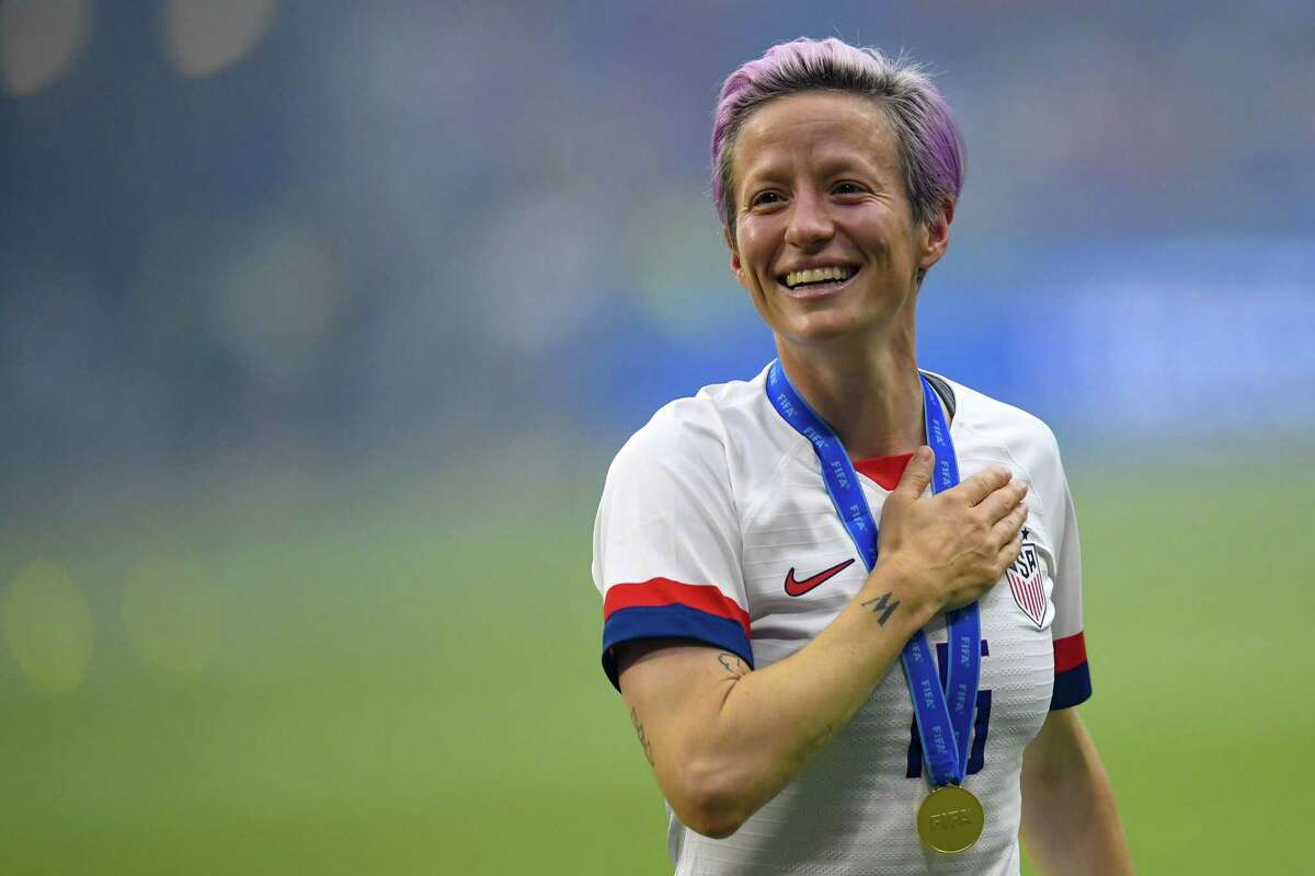 U.S. team member Megan Rapinoe celebrates the victory after the 2019 Women’s World Cup football final match between USA and the Netherlands, on July 7, 2019, at the Lyon Stadium in Lyon, France.