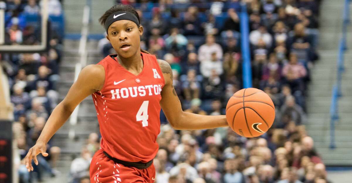 HARTFORD, CT - JANUARY 28: Houston Cougar's Guard Jasmyne Harris (4) in action during the second half a women's NCAA division 1 basketball game between the Houston Cougars and the UConn Huskies on January 28, 2017, at the XL Center in Hartford, CT. (Photo by David Hahn/Icon Sportswire via Getty Images)