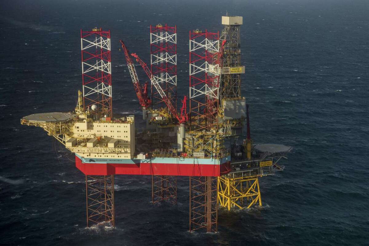 The Maersk Invincible rig, operated by Maersk Drilling Services, stands in the Valhall field in the North Sea off the coast of Stavanger, Norway, on Oct. 9, 2019.