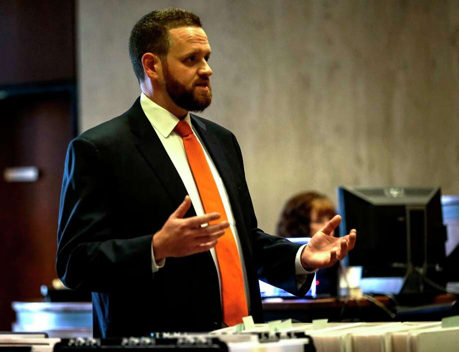 In this Wednesday, Oct. 23, 2019 photo, Essex County Assistant Prosecutor Adam B. Wells speaks during opening arguments in the murder trial of alleged serial killer, Khalil Wheeler-Weaver, in Newark, N.J. Wheeler-Weaver is charged with strangling and asphyxiating three women in the fall of 2016. He’s also accused in the attempted murder of a fourth woman. (George McNish/NJ Advance Media via AP, Pool) Photo: George McNish, Associated Press / ©2019 NJ Advance Media