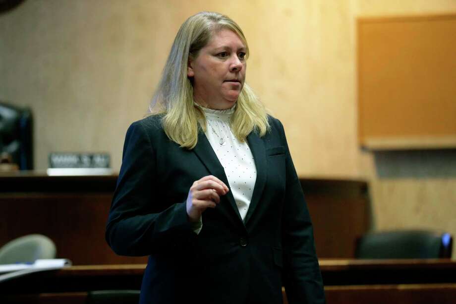 In this Wednesday, Oct. 23, 2019 photo, public defender Deirdre McMahon speaks during opening arguments in the murder trial of alleged serial killer, Khalil Wheeler-Weaver, in Newark, N.J. Wheeler-Weaver is charged with strangling and asphyxiating three women in the fall of 2016. He’s also accused in the attempted murder of a fourth woman. (George McNish/NJ Advance Media via AP, Pool) Photo: George McNish, Associated Press / ©2019 NJ Advance Media