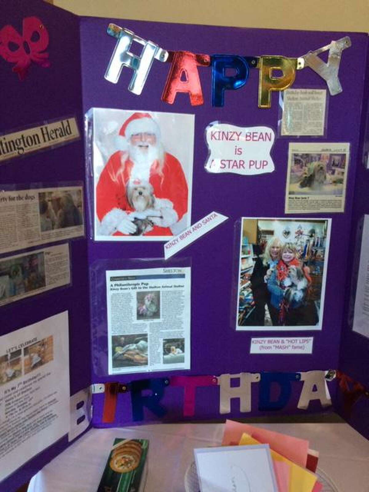 Kinzy's birthday bash featured a display board with pictures of Kinzy with Loretta Swit, Hot Lips from MASH, and Santa Claus.