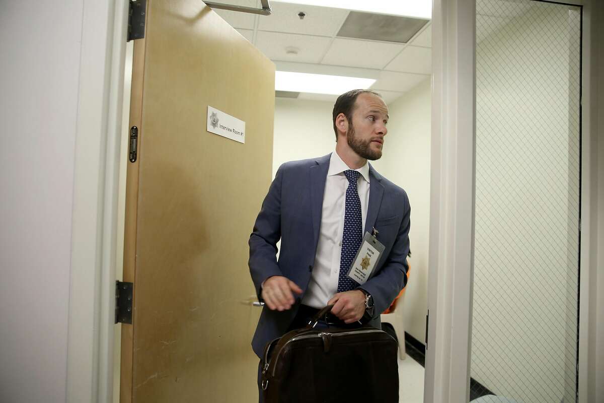 Deputy public defender Chesa Boudin leaves after interviewing inmates in room #2 at county jail #2 as part of the public defender pretrial release unit on Monday, May 14, 2018 in San Francisco, Calif.
