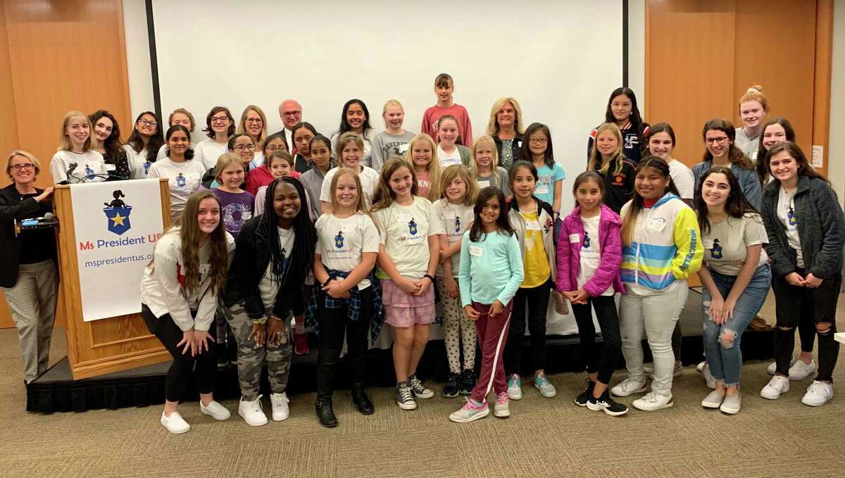 First Selectman Rudy Marconi, Roxbury First Selectwoman Barbara Henry and Ms President US 2018 Hersha Chauhan recently spoke to young girls about civic leadership.