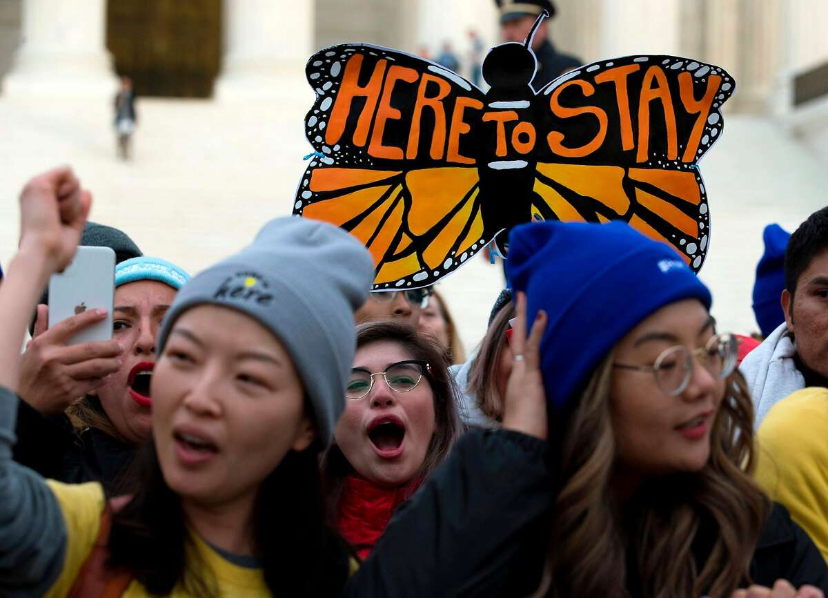 Demonstrators arrive in front of the US Supreme Court during the "Home Is Here" March for Deferred Action for Childhood Arrivals (DACA), and Temporary Protected Status (TPS) on November 10, 2019 in Washington D.C. - They begun a march from New York City to Washington DC, to the US Supreme Court. The Supreme Court is set to hear oral arguments regarding termination of the Deferred Action for Childhood Arrivals (DACA) policy on November 12. (Photo by Jose Luis Magana / AFP) (Photo by JOSE LUIS MAGANA/AFP via Getty Images)