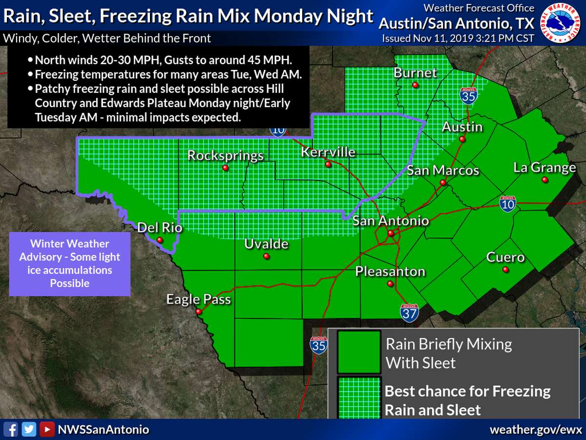 Cold front is in San Antonio with 40 mph wind gusts and possible ice in