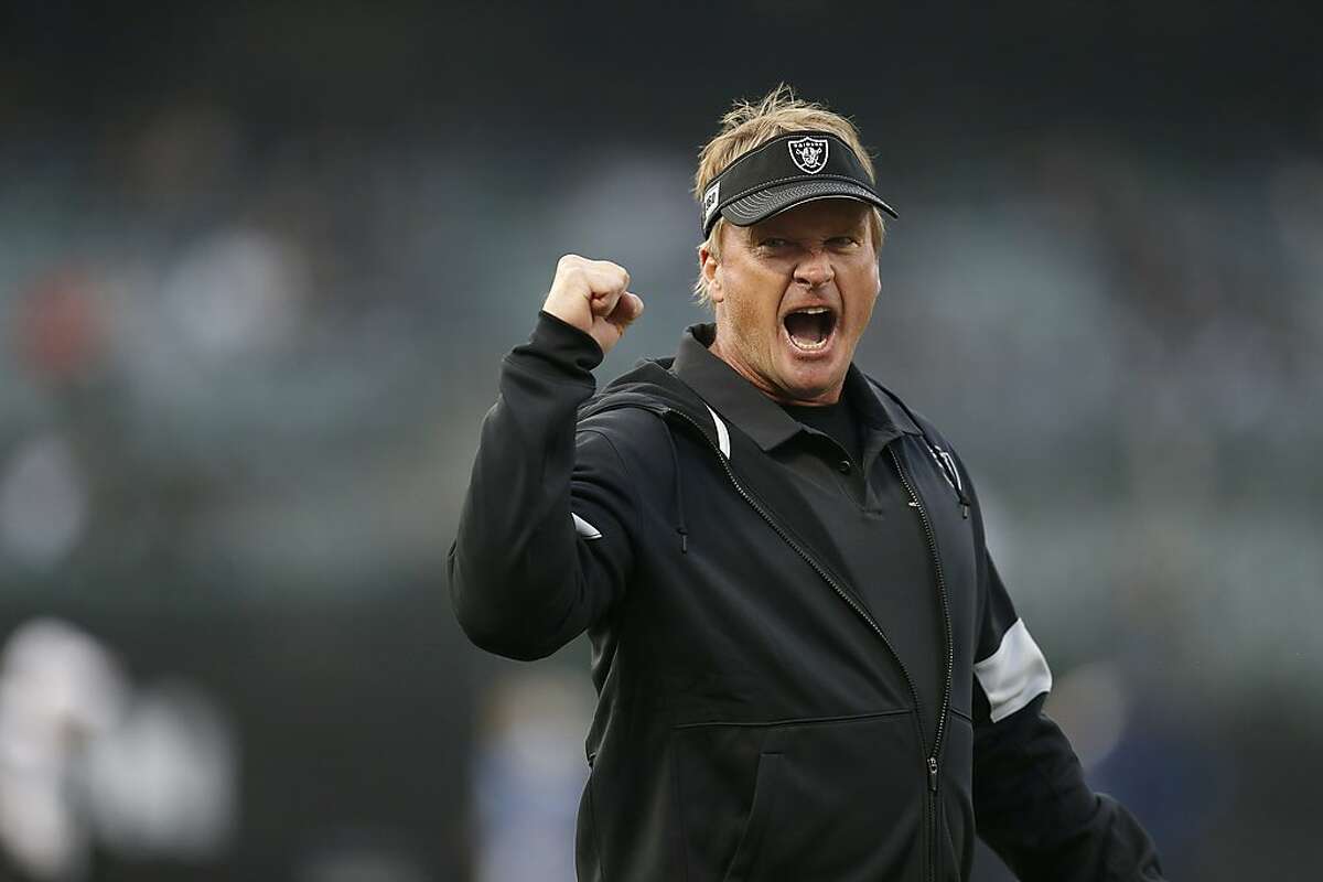 Oakland Raiders head coach Jon Gruden gestures before an NFL football game between the Raiders and the Los Angeles Chargers in Oakland, Calif., Thursday, Nov. 7, 2019. (AP Photo/D. Ross Cameron)