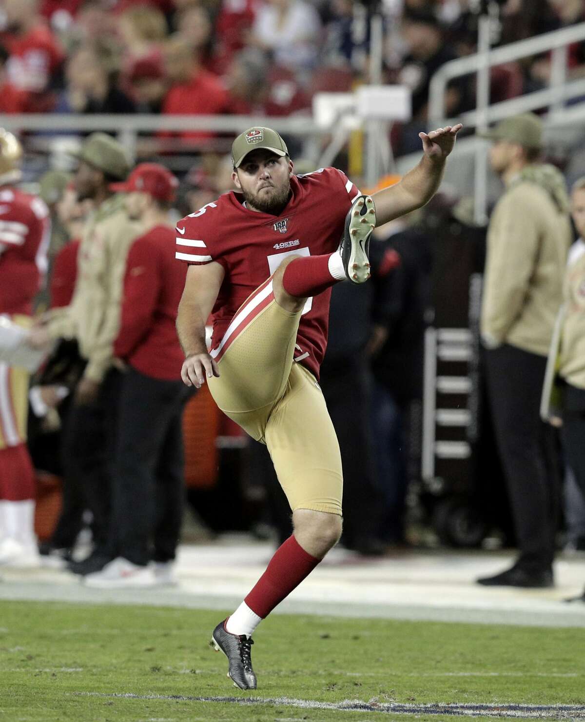 Chase McLaughlin (5) warms up on the field during a timeout in the first half as the San Francisco 49ers played the Seattle Seahawks at Levi’s Stadium in Santa Clara, Calif., on Monday, November 11/11/19, 2019.