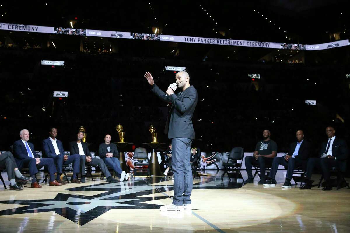Tony Parker acknowlledges the fans during the night of the Tony Parker jersey retirement ceremony at the AT&T Center on Nov. 11, 2019.