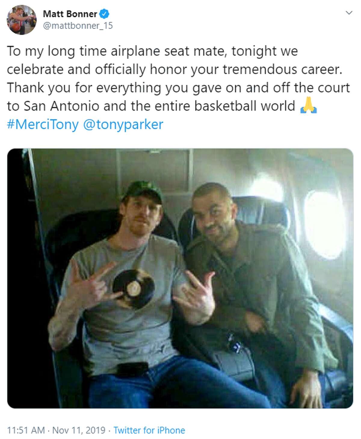 @mattbonner_15: To my long time airplane seat mate, tonight we celebrate and officially honor your tremendous career. Thank you for everything you gave on and off the court to San Antonio and the entire basketball world #MerciTony @tonyparker