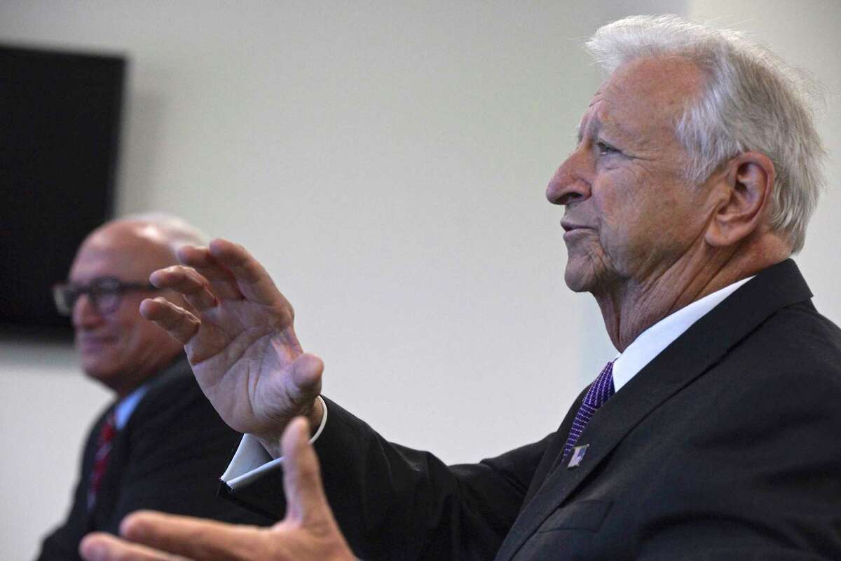 Dick Moccia, right, discusses his platforms in October 2019. Moccia, the former mayor of Norwalk, ran against Democratic incumbent Rudy Marconi for Ridgefield's Office of the First Selectman in the 2019 municipal election.