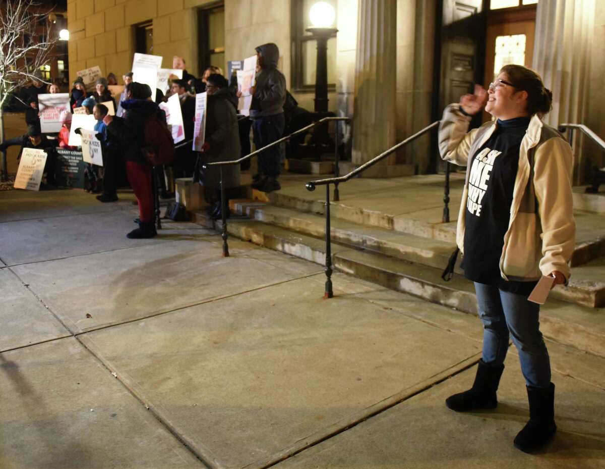 Jesica Ellis, who works for Demand Vape, a vaping product wholesaler, right, offers counterpoint to anti-vape protesters who gathered outside the Albany County Courthouse ahead of an Albany County Legislature vote on whether to ban flavored vaping and tobacco products on Tuesday, Nov. 12, 2019, in Albany, N.Y. (Will Waldron/Times Union)