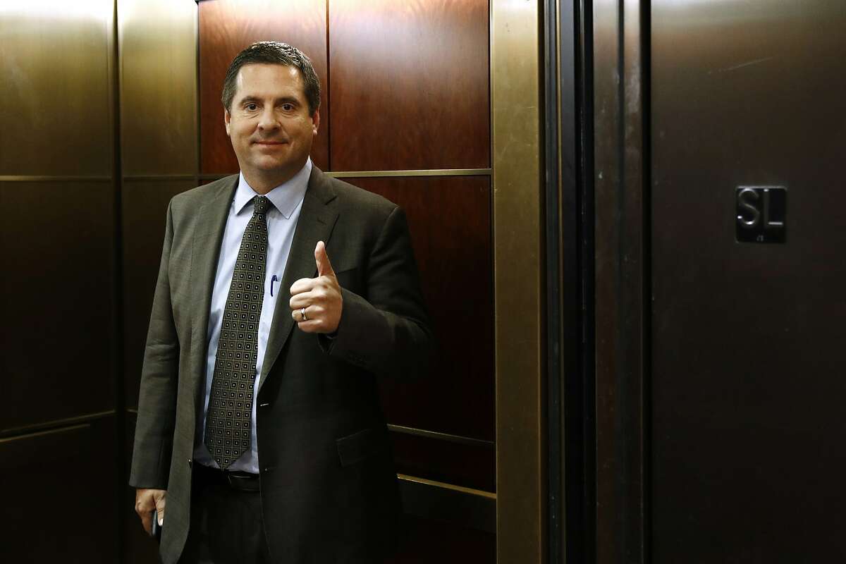 Rep. Devin Nunes, R-Calif., gestures as he stands in an elevator after departing a secure area of the Capitol as U.S. Army Lt. Col. Alexander Vindman, a military officer at the National Security Council, testifies in a closed door meeting as part of the House impeachment inquiry into President Donald Trump, Tuesday, Oct. 29, 2019, in Washington. (AP Photo/Patrick Semansky)