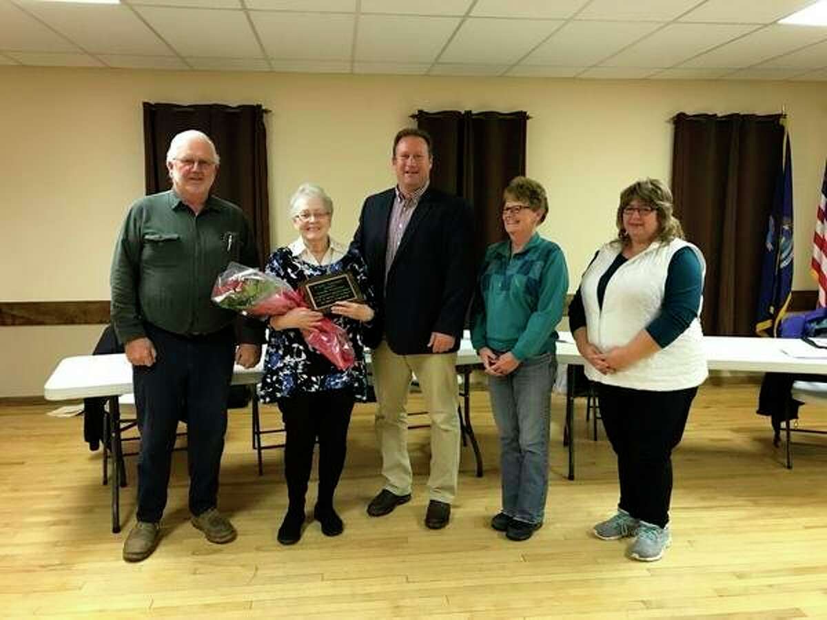 Evart Township Trustee Sarah Parsons was honored for her service at the township board meeting on Thursday, Nov. 7. Parsons has served the community in various capacities since 1968, and retired on Oct. 31. Pictured (from left) are: Trustee Steve Campbell, Parsons, Supervisor Doug Derscheid, Treasurer Martha Hartman and Township Clerk Denise Custer. (Submitted photo)