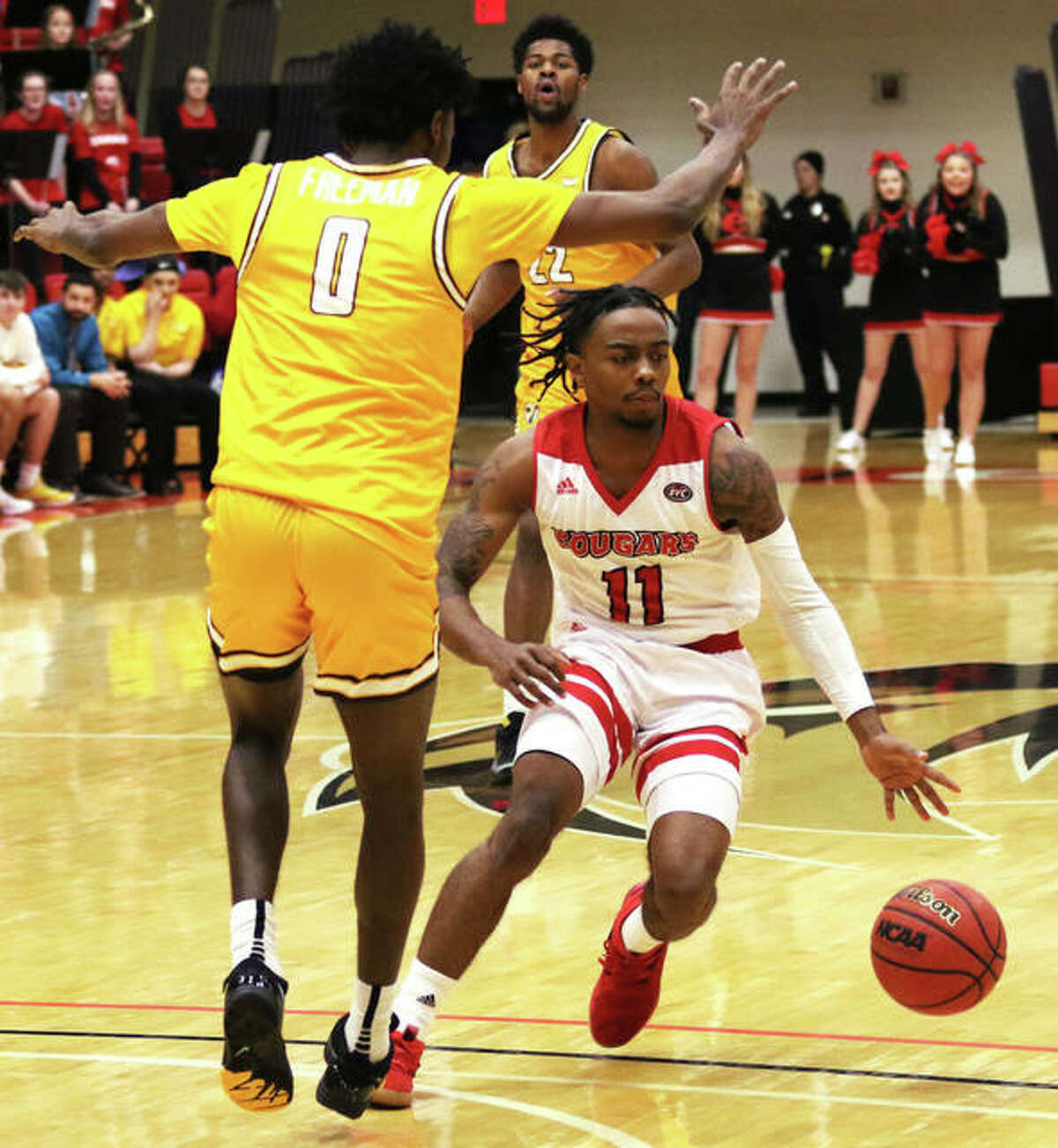 SIUE’s Tyreese Williford (11) changes course while Valpo’s Javon Freeman-Liberty defends the break on Tuesday at First Community Arena in Edwardsville.