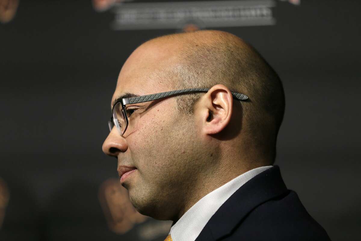 San Francisco Giants President of Baseball Operations Farhan Zaidi during a news conference at Oracle Park Monday, Nov. 11, 2019, in San Francisco. The Giants hired Scott Harris from the Chicago Cubs to become general manager, filling a void of more than a year after the club had gone without a GM during president of baseball operations Farhan Zaidi's first season in the position.(AP Photo/Eric Risberg)