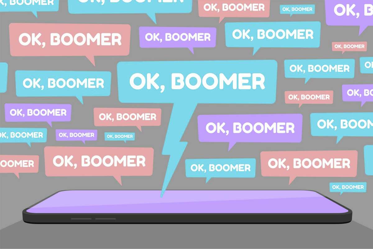 Vector illustration of smartphone and multiple OK Boomer chat bubbles represents social media conflict between baby boomers and younger generation Z and millennial, ignited by popular memes.