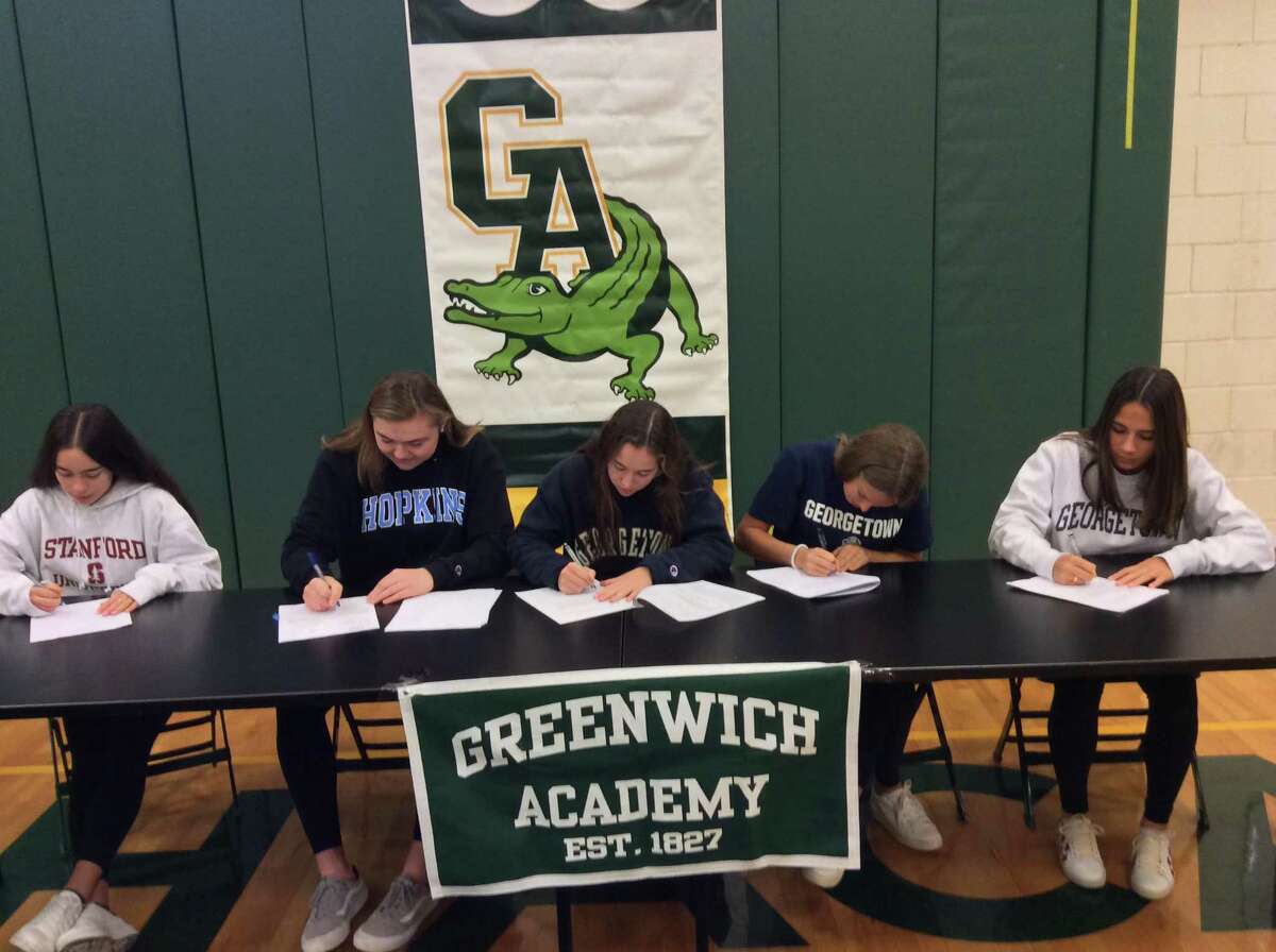 Five Greenwich Academy athletes signed National Letters of Intent to compete in their respective sports at the Division I Level. The group that signed at a ceremony on Wednesday, November 13, 2019, at Greenwich Academy included, from left to right: Emma Carney (Stanford squash), Eliza Bowman (Johns Hopkins lacrosse), Tessa Brooks (Georgetown lacrosse), Katie Goldsmith (Georgetown lacrosse) and Katharine Glassmeyer (Georgetown field hockey).
