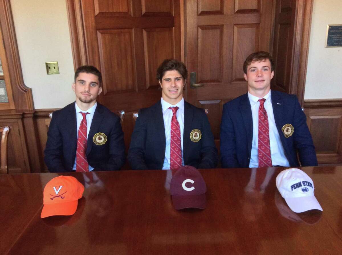 From left to right, Brunswick School seniors Luca Errico (Virginia wrestling), Liam Fairback (Colgate lacrosse) and Brody Firestein (Penn State lacrosse) signed National Letters of Intent to continue their athletic careers at their respective Division I schools of choice on Wednesday, November, 13, 2019.