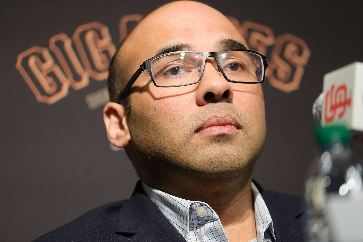 San Francisco Giants President of Baseball Operations Farhan Zaidi speaks at a press conference to introduce Gabe Kapler as the new Giant�s manager at Oracle Park in San Francisco, Calif. on Wednesday November 13, 2019.