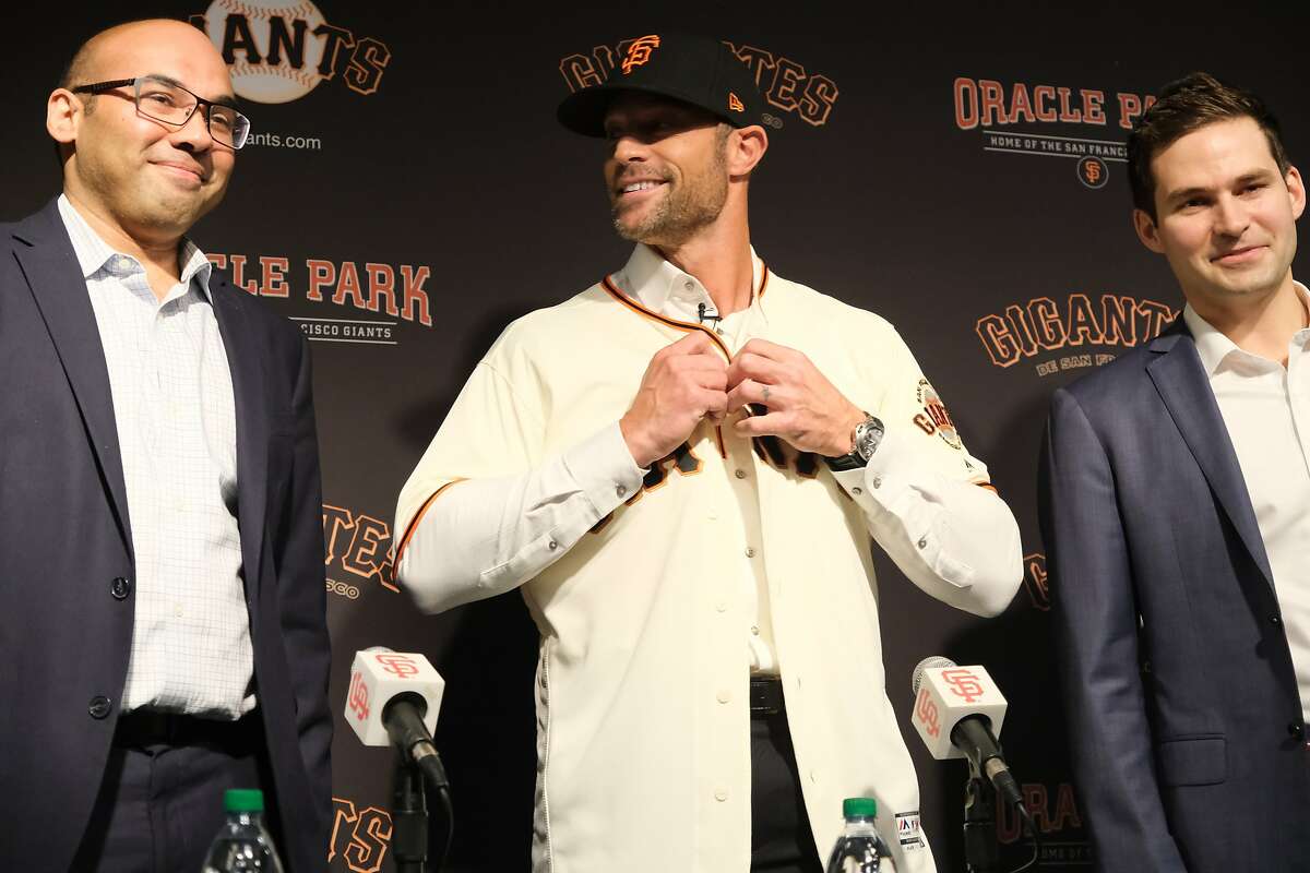 San Francisco Giants President of Baseball Operations Farhan Zaidi and General Manager Scott Harris introduce Gabe Kapler as the new Giant�s manager at a press conference at Oracle Park in San Francisco, Calif. on Wednesday November 13, 2019.
