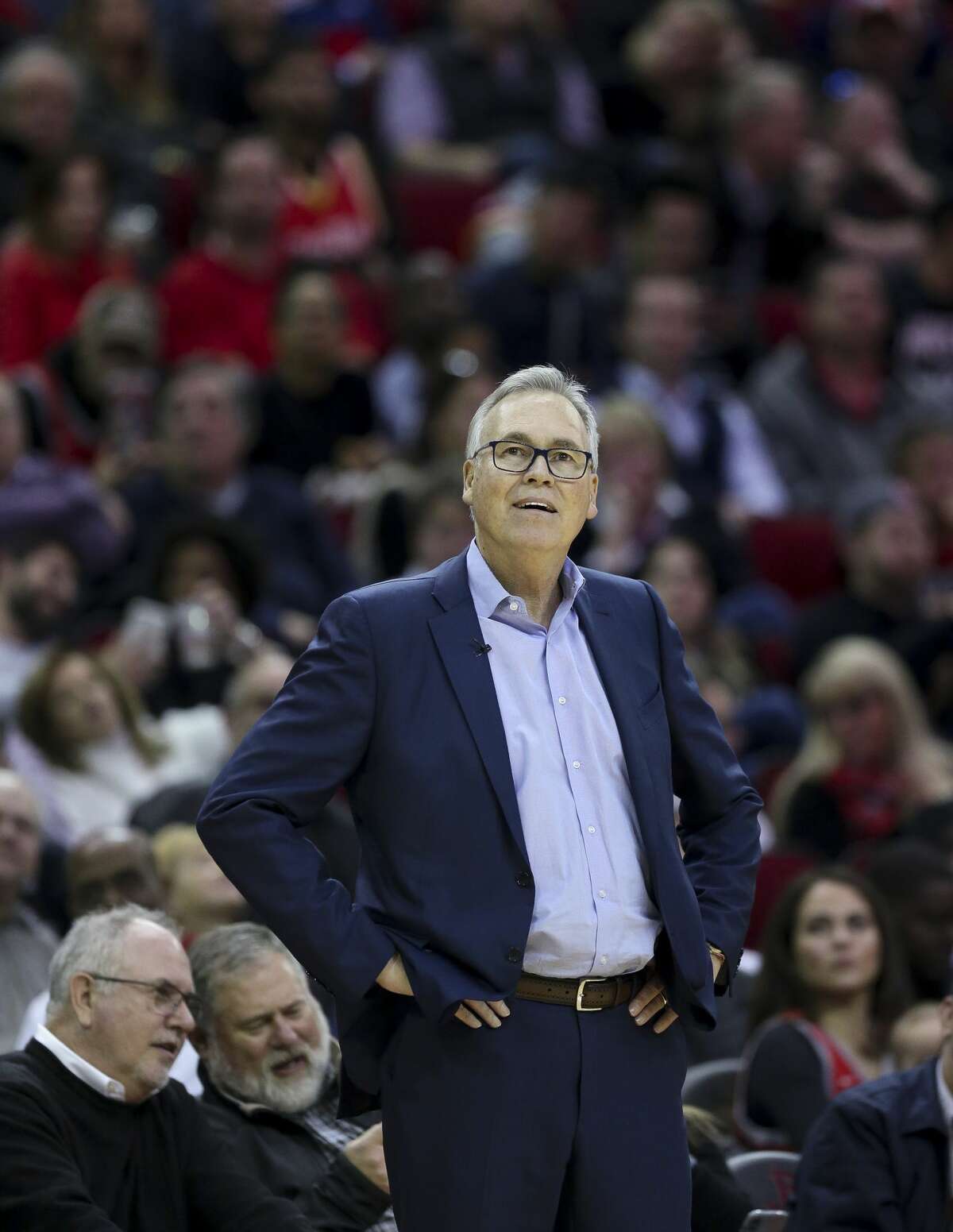 Houston Rockets head coach Mike D'Antoni looks up at the scoreboard during the second half of an NBA game against the LA Clippers at the Toyota Center Wednesday, Nov. 13, 2019, in Houston.