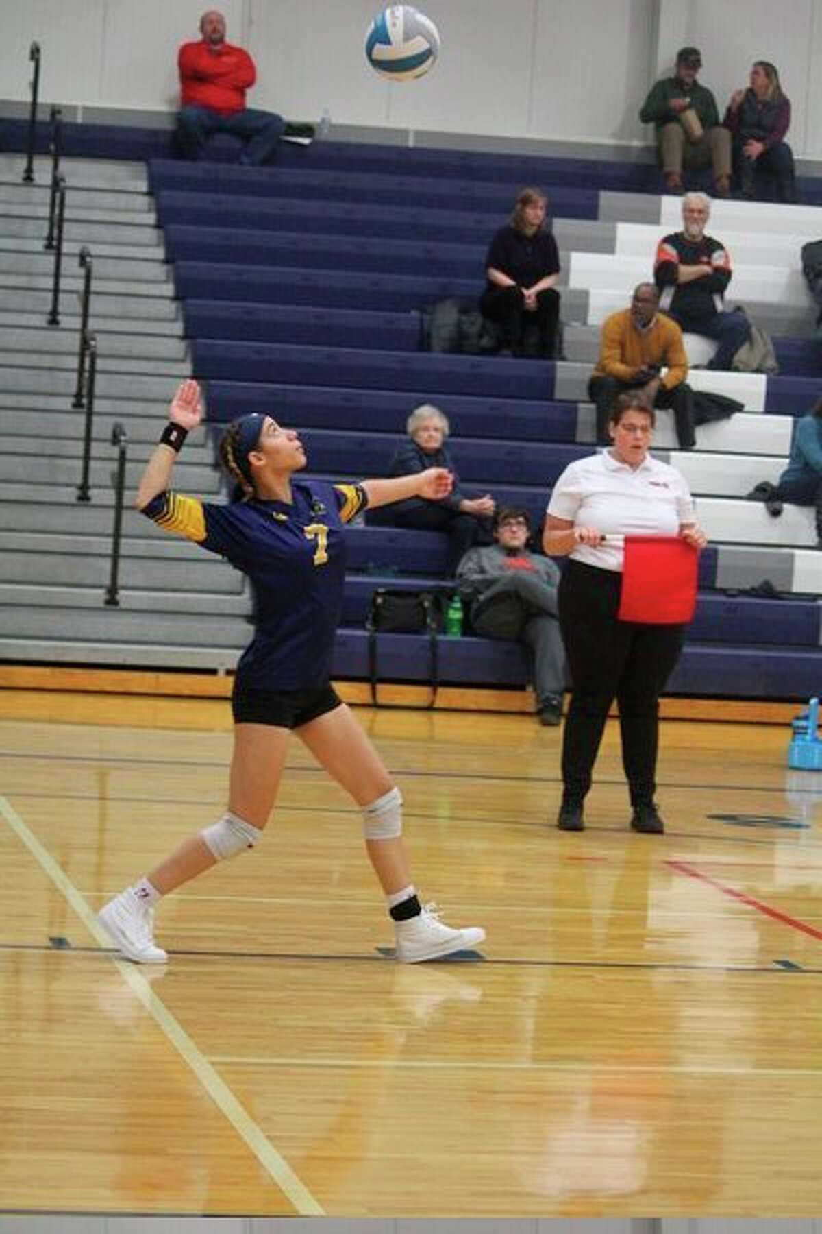 Baldwin's Monique Rowland gets set to serve he ball against Crossroads last week. (Star photo/John Raffel)