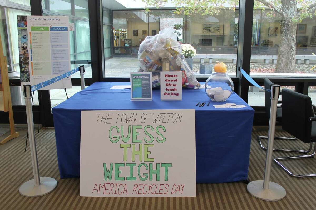 Aaila Abdul-Khaliq won the Guess the Weight of the Bag of Recyclables with a guess of 20 pounds. The bag actually weighed 20.6. Aaila will receive a Wilton Chamber of Commerce gift certificate. The bag was on display at Wilton Library and the contest ended on Nov. 15, America Recycles Day.
