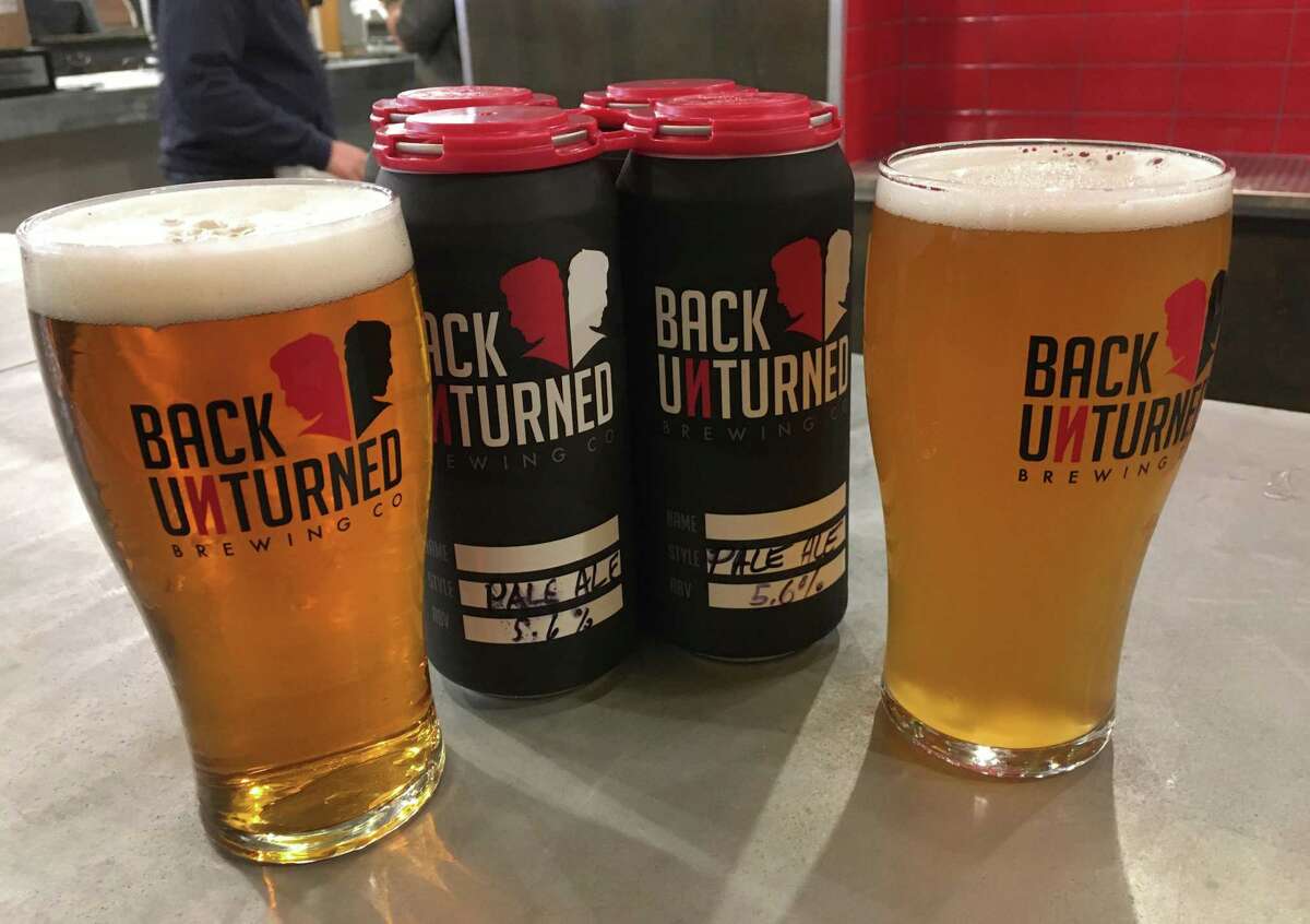 A pale ale (left) and a farmhouse ale will be the first two featured beers at Back Unturned Brewing Co. Beer is also available in four-packs ($16) to go.