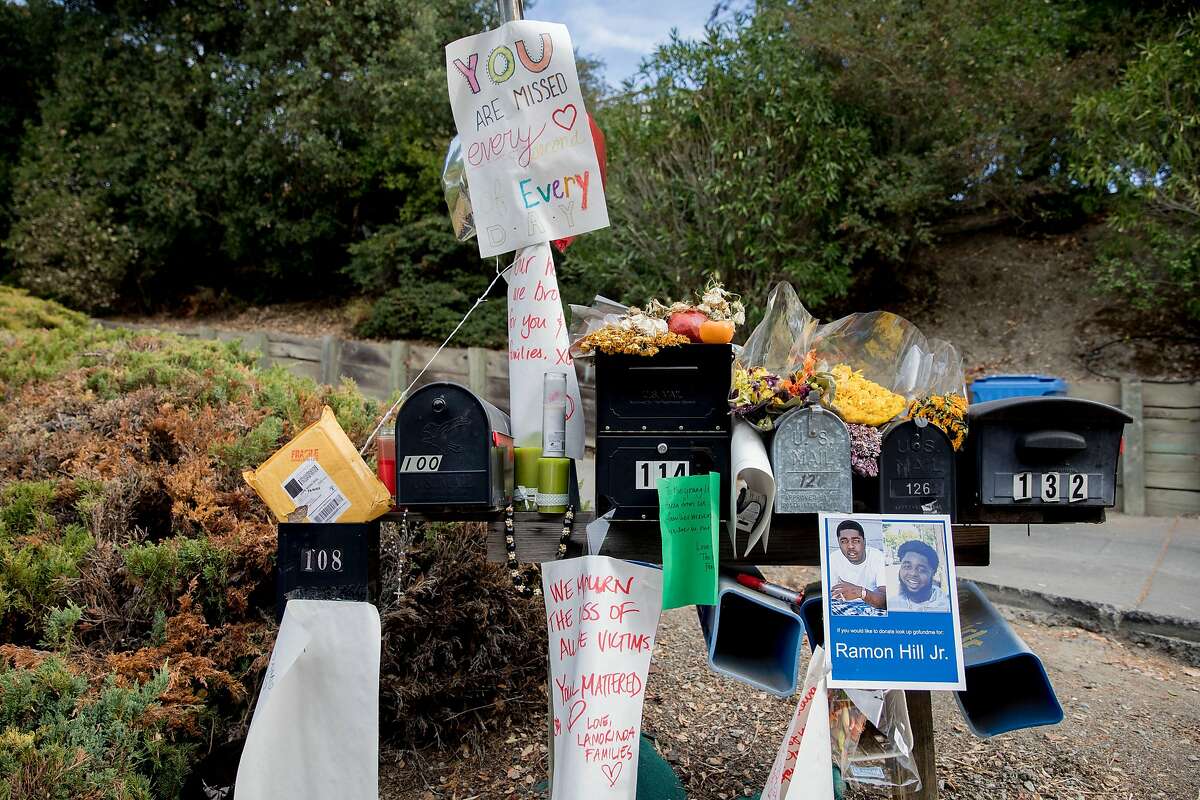 A makeshift memorial is seen outside a home in Orinda, Calif. on Nov. 13, 2019 after five were killed during a Halloween house party.