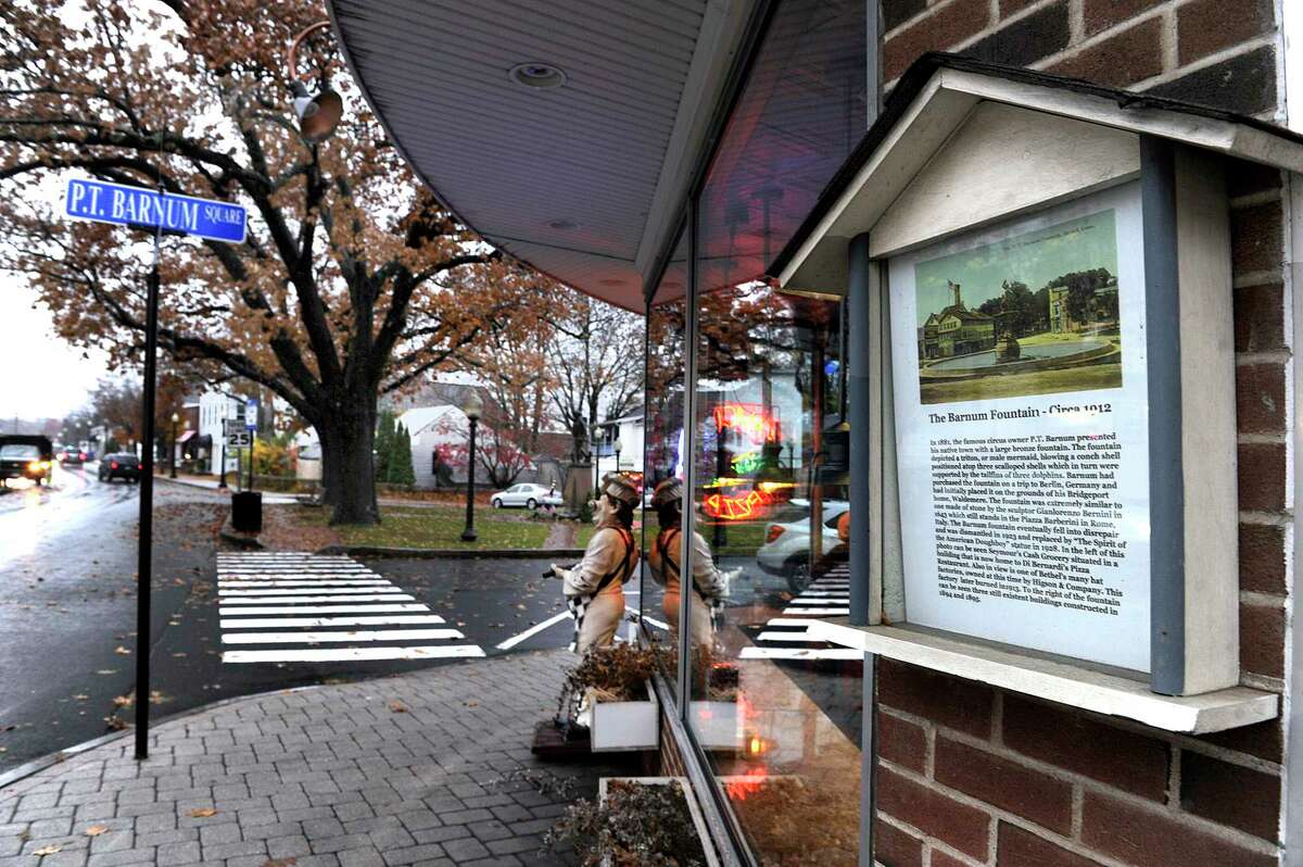 The Bethel Historical Society plans to install at least 30 tour boxes, such as this one next to Famous Pizza on Greenwood Ave, at various locations around the downtown area. Photo Tuesday, Nov. 15, 2016.