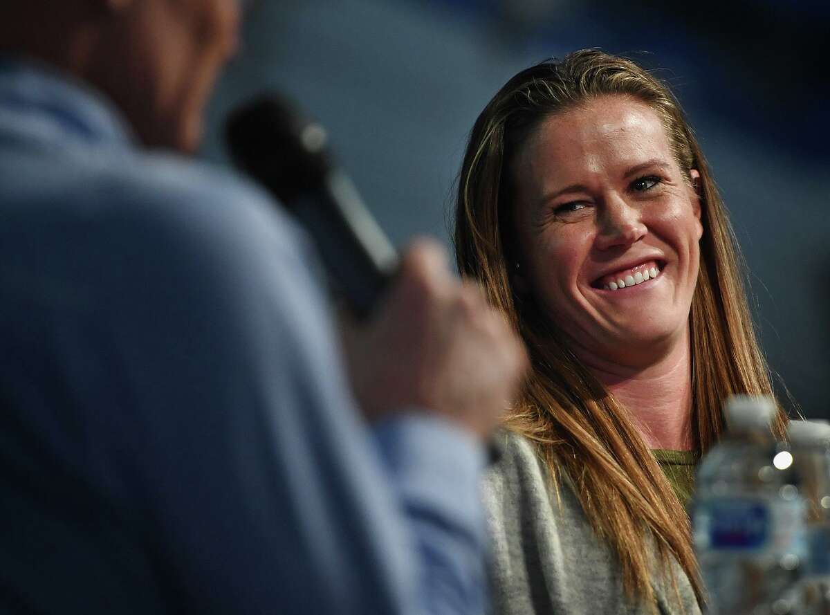 Starting goalkeeper for the United States Women's World Cup Soccer Team Alyssa Naeher is interviewed by sports interviewer Dan Patrick during a visit to her alma mater, Christian Heritage School, in Trumbull, Conn. on Thursday, November 14, 2019.