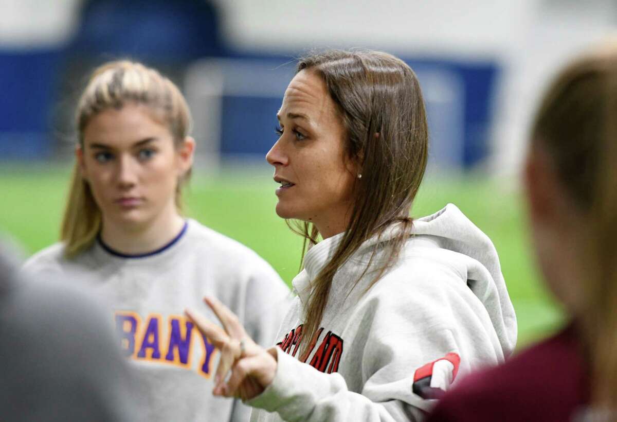 Stillwater High School girls' soccer team coach Christine Ihnatolya speaks to players during practice on Thursday, Nov. 14, 2019, at Afrim's Colonie in Colonie, N.Y. Stillwater face Marion in a Class C state championship semifinal on Saturday at Cortland. (Will Waldron/Times Union)