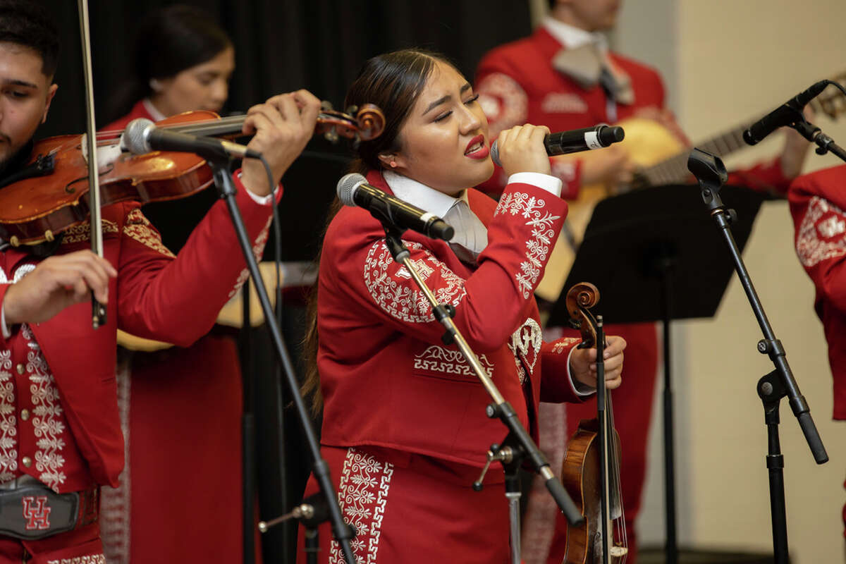 The Mariachi Pumas debuted in Bert F. Winston Band Complex in Houston, Thursday, Nov. 14, 2019. Wendy Gutierrez singing a version of Perfect by Ed Sheern as a dedication from Mariachi Pumas Director, Jose Longoria, to his wife.