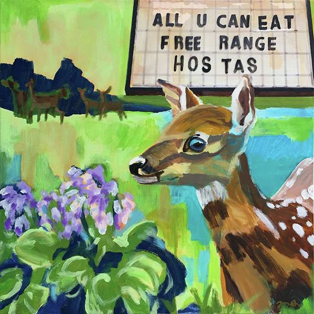 This painting by Tammy Winser, a Westport artist, is called “Deer” and pokes fun at suburban pests. She is a founder of the Westport Artists Collective, a group of artists that meet and show their work at the Westport Arts Center.