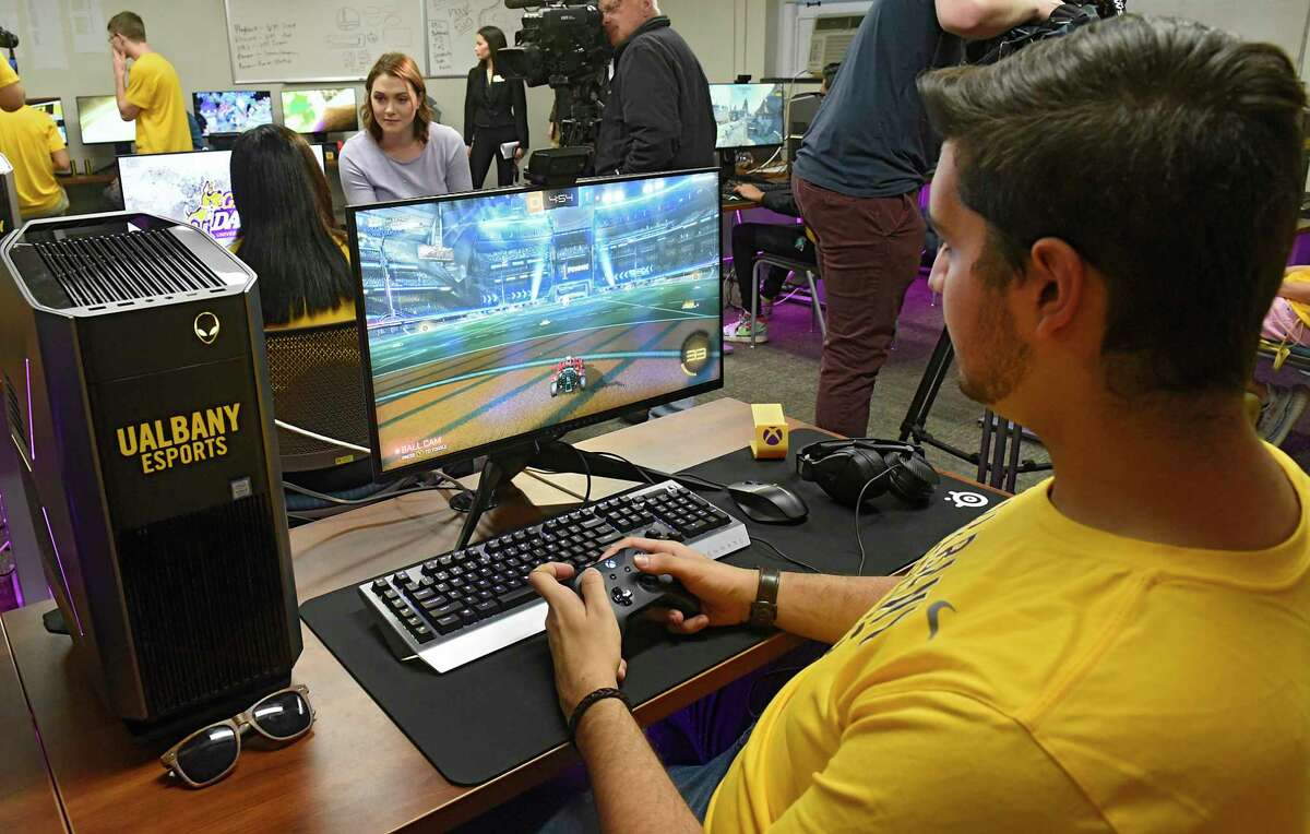 University at Albany junior Nick Waugh of Long Island, is seen playing Rocket League as UAlbany celebrates the launch of eSports on the downtown campus by showcasing its new competitive video gaming arena on Friday, Nov. 15, 2019 in Albany, N.Y. (Lori Van Buren/Times Union)