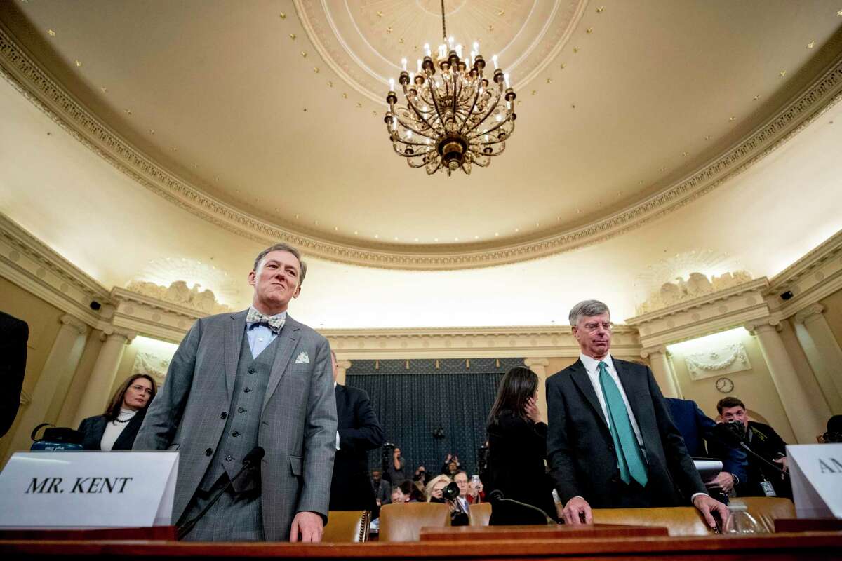 Foreign Service officer George Kent, left, and U.S. diplomat William Taylor appear before the House Intelligence Committee. Democrats need to shock the nation’s conscience to justify impeachment of President Donald Trump; current facts don’t do that.