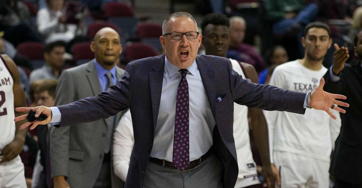 Texas A&M coach Buzz Williams reacts after a foul call during the first half of the team's NCAA college basketball game against Gonzaga on Friday, Nov. 15, 2019, in College Station, Texas. (AP Photo/Sam Craft)